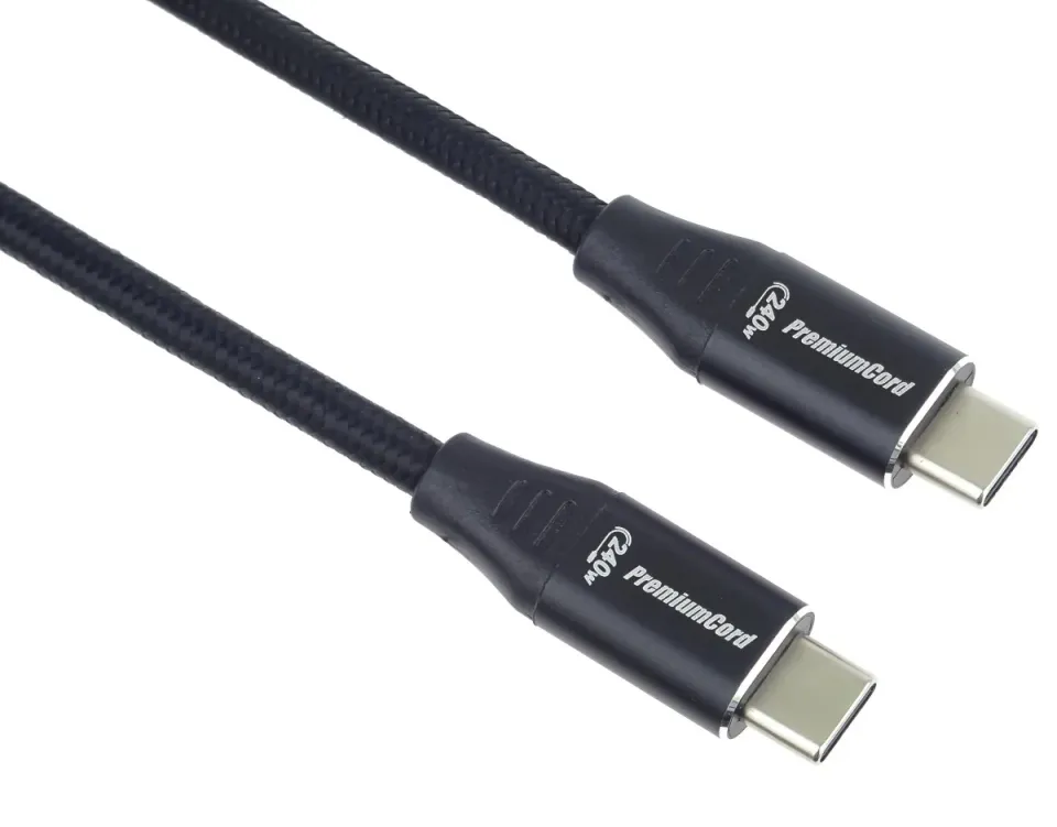 PremiumCord Kabel USB-C M/M, 240W 480Mbps černý bavlněný oplet, 2m