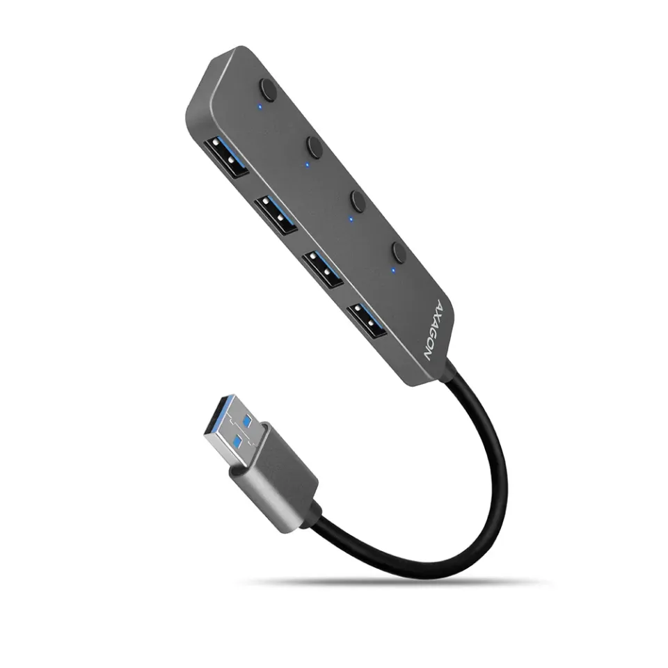 AXAGON HUE-MSA, 4x USB 3.2 Gen 1 SWITCH hub, kovový, micro USB nap. konektor, kabel USB-A 20cm