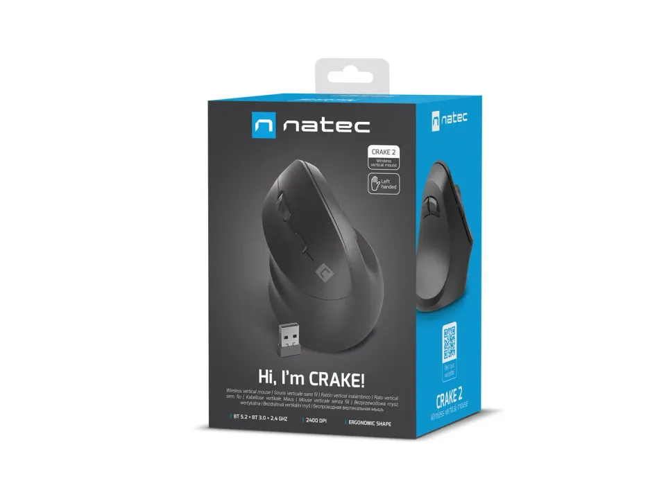 Natec CRAKE 2/Kancelářská/Optická/Pro leváky/2 400 DPI/USB+BT/Černá