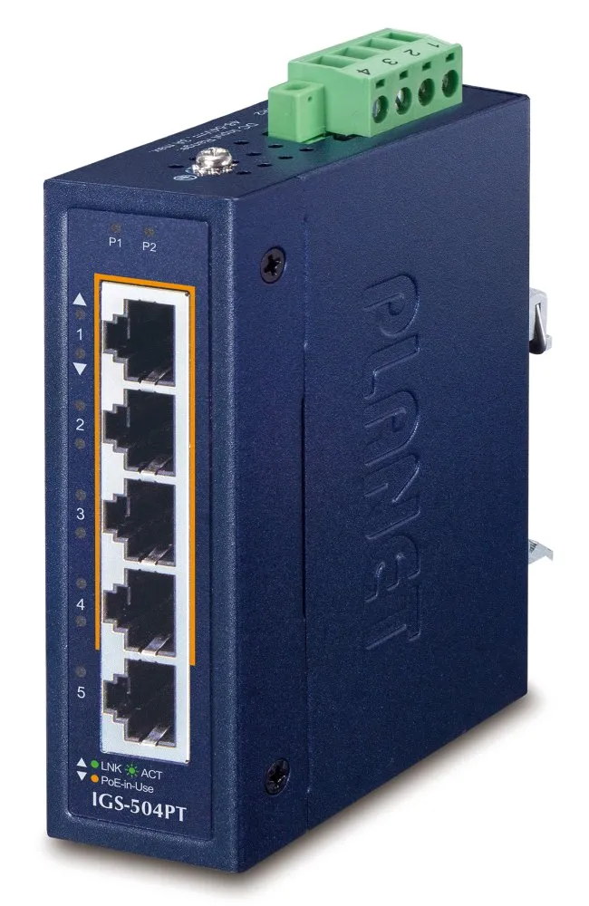 Planet IGS-504PT v3 Průmyslový PoE switch, 5x 1Gb, 4x PoE 802.3at 120W, -40 až +75°C, dual 48-54VDC, IP30, fanless