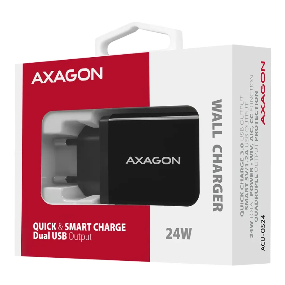 AXAGON ACU-QS24, QUICK a SMART nabíječka do sítě, 2x USB port QC3.0/AFC/FCP + 5V