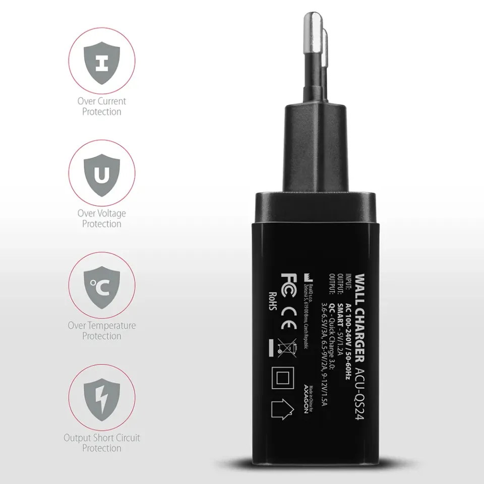 AXAGON ACU-QS24, QUICK a SMART nabíječka do sítě, 2x USB port QC3.0/AFC/FCP + 5V