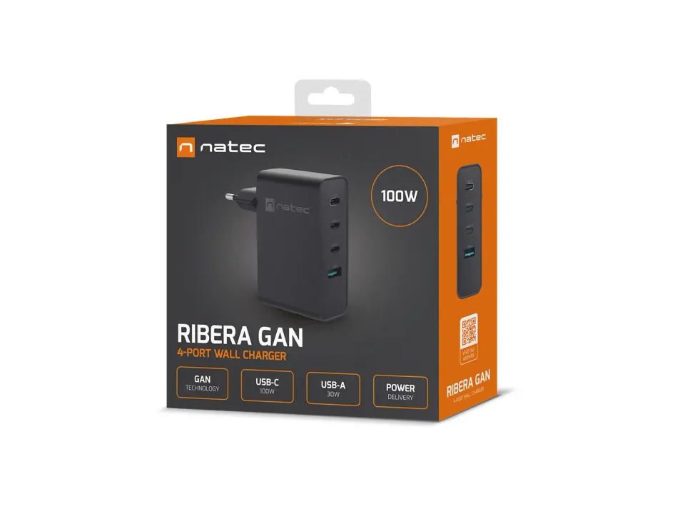 Univerzální USB nabíječka Natec GaN 100W, 3X USB-C, 1X USB-A, Černá