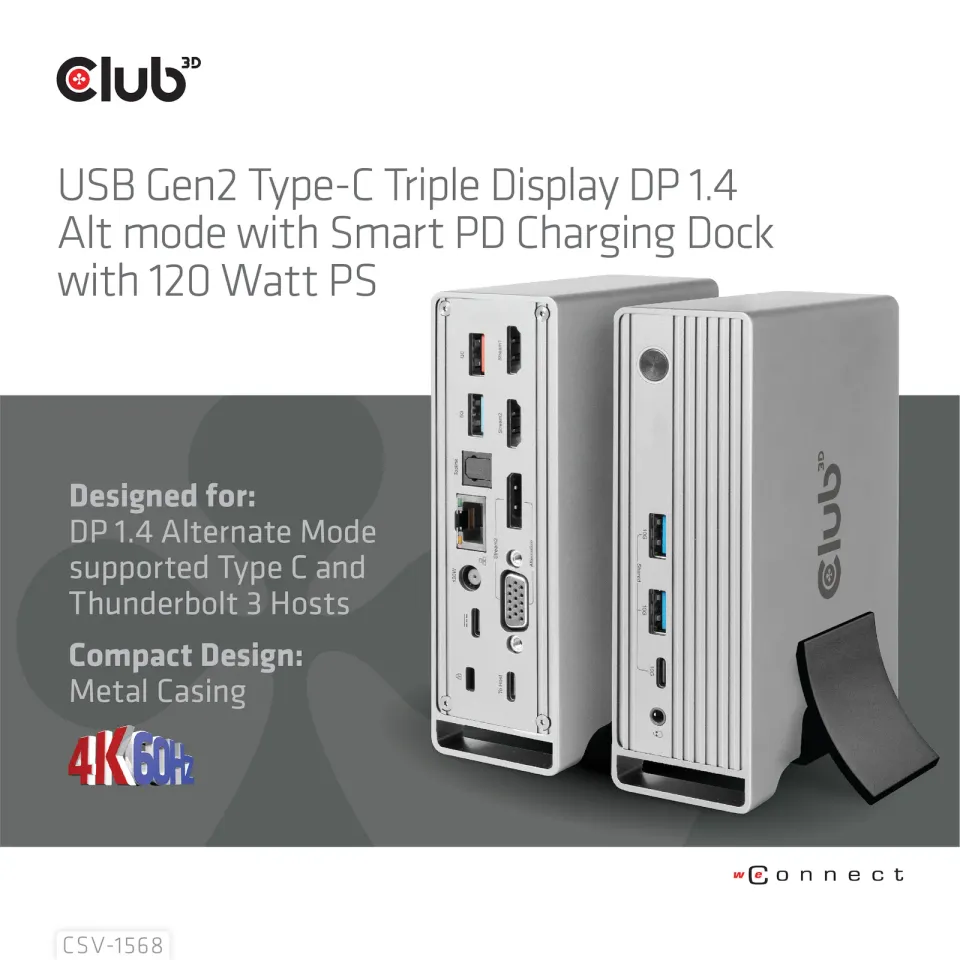 Club3D Dokovací stanice USB-C 12v1, 1xDP, 2xHDMI, 1xVGA, 2xUSB-C, 4xUSB, 1xRJ45, 1x3.5mm, šedá