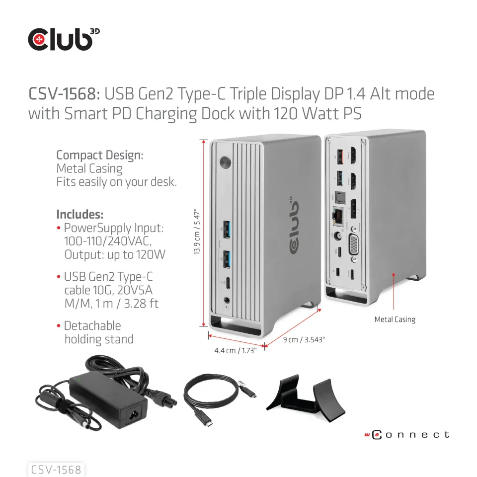 Club3D Dokovací stanice USB-C 12v1, 1xDP, 2xHDMI, 1xVGA, 2xUSB-C, 4xUSB, 1xRJ45, 1x3.5mm, šedá