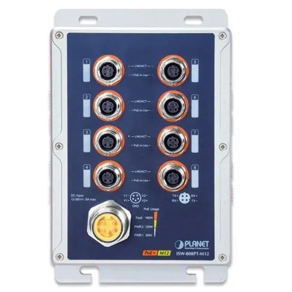 Planet vodotěsný průmyslový PoE switch, 8xFE M12, 8x PoE 802.3at 30W/180W, -40~+75°C, 12-56VDC, IP67