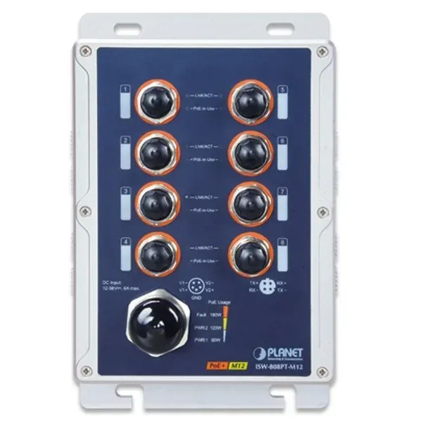 Planet vodotěsný průmyslový PoE switch, 8xFE M12, 8x PoE 802.3at 30W/180W, -40~+75°C, 12-56VDC, IP67