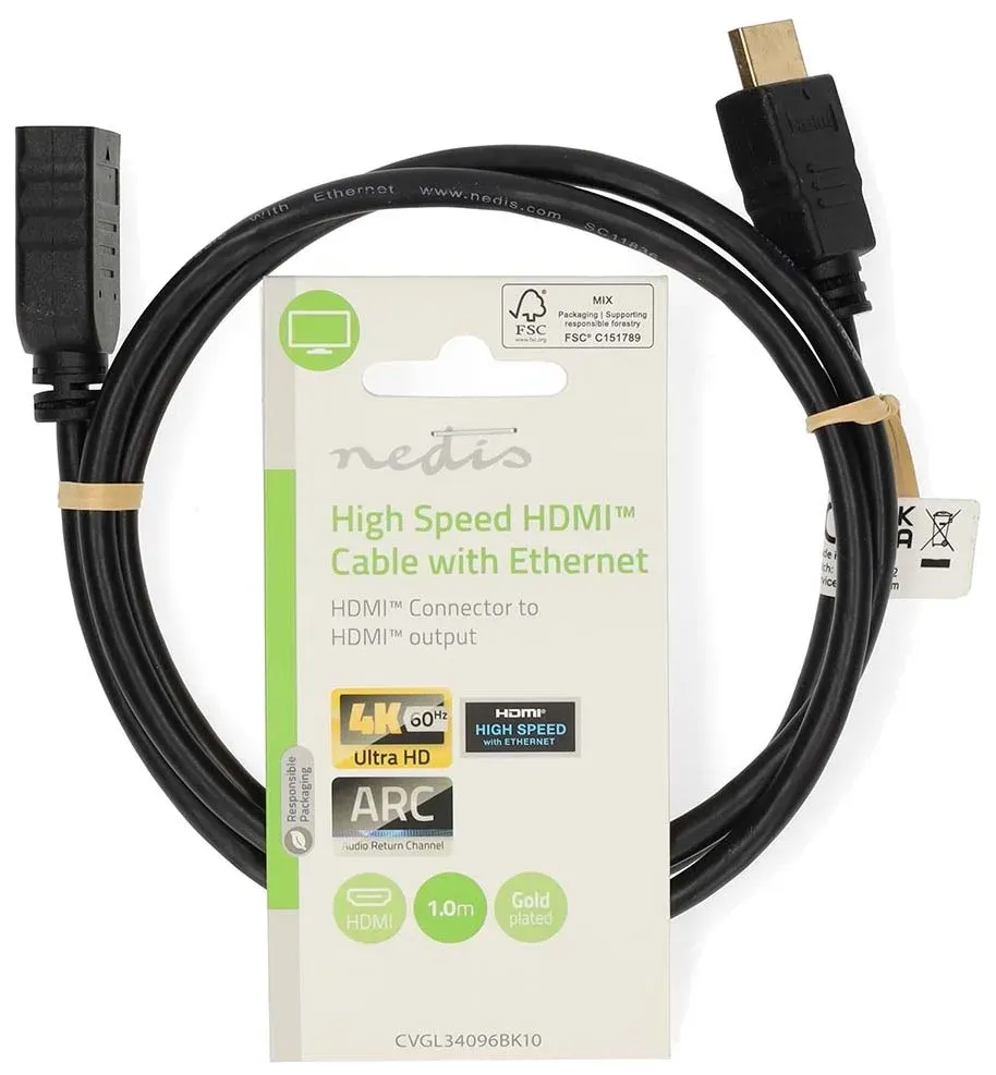 NEDIS prodlužovací High Speed HDMI 1.4 kabel s ethernetem/ 4K@60Hz/ zlacené konektory HDMI-HDMI/ černý/ bulk/ 1m
