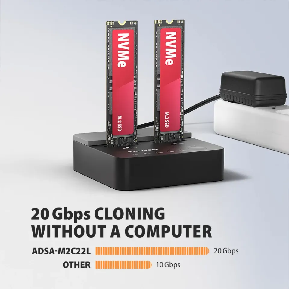 AXAGON ADSA-M2C22L, USB-C 20Gbps dokovací stanice pro 2× M.2 NVMe SSD s funkcí k