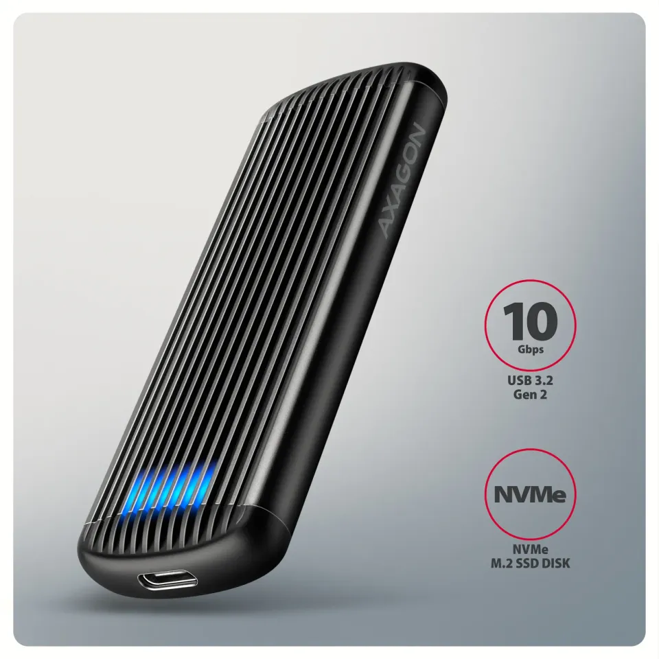 AXAGON EEM2-SC, USB-C 10Gbps externí box pro M.2 NVMe SSD, bezšroubový, žebrovan