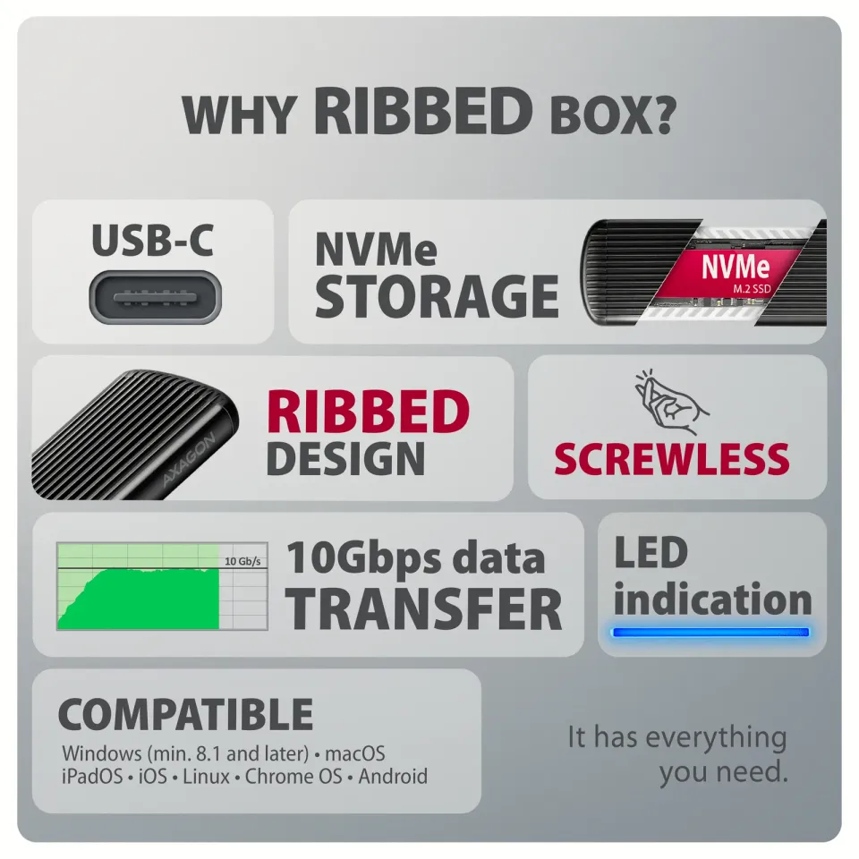 AXAGON EEM2-SC, USB-C 10Gbps externí box pro M.2 NVMe SSD, bezšroubový, žebrovan