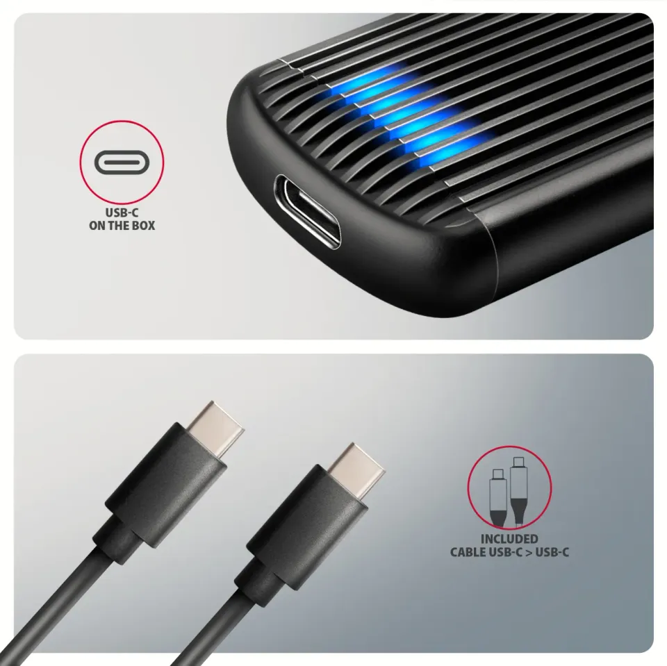 AXAGON EEM2-SC, USB-C 10Gbps externí box pro M.2 NVMe SSD, bezšroubový, žebrovan