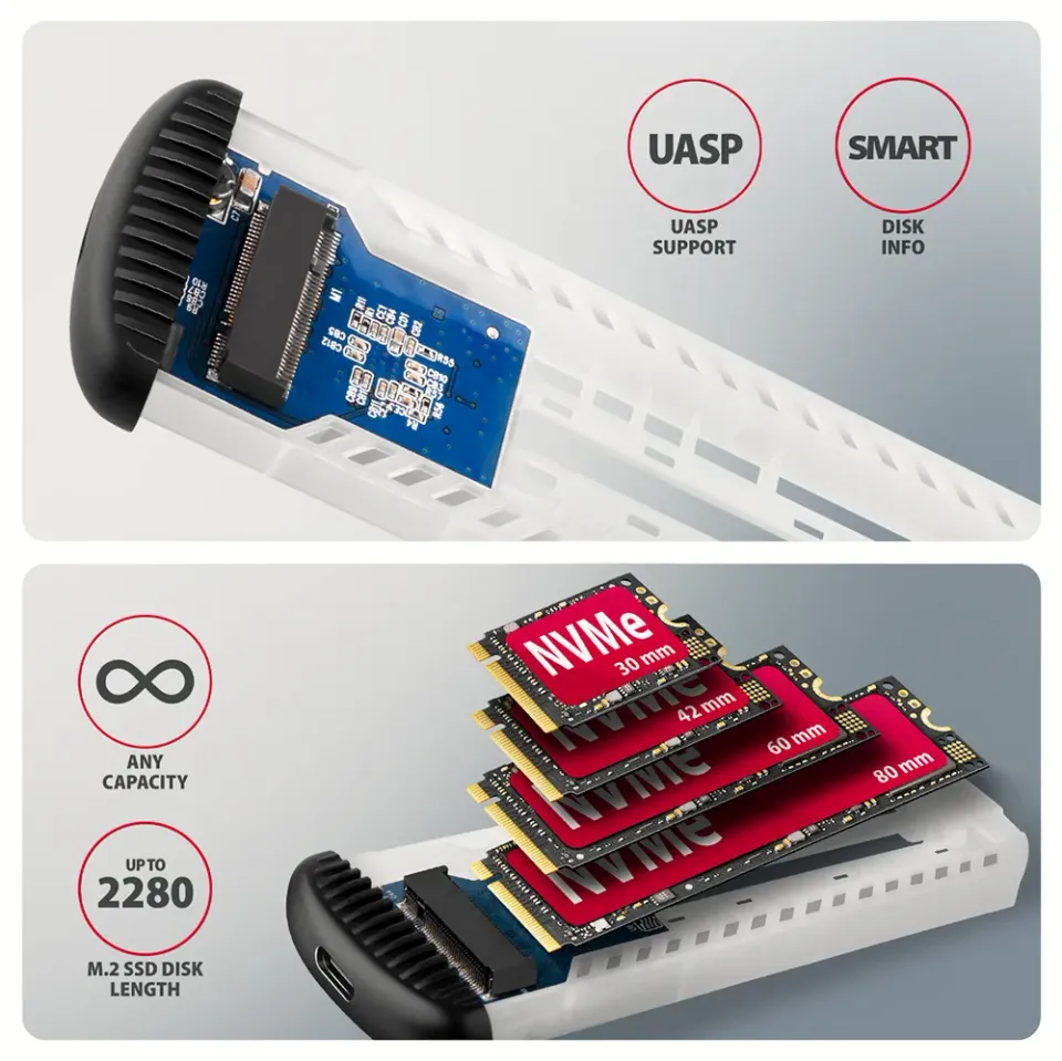 AXAGON EEM2-SC, USB-C 10Gbps externí box pro M.2 NVMe SSD, bezšroubový, žebrovan