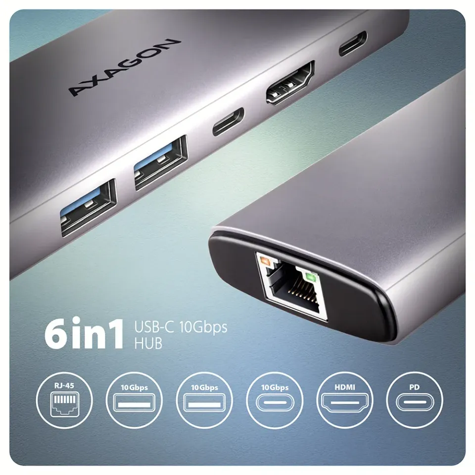 AXAGON HMC-6G2L, USB 10Gb/s hub, 2x USB-A, 1x USB-C, HDMI 4k/60, RJ-45, PD 100W,