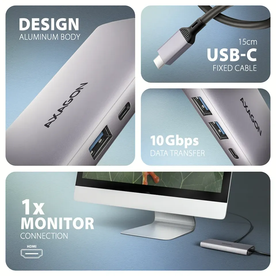 AXAGON HMC-6G2L, USB 10Gb/s hub, 2x USB-A, 1x USB-C, HDMI 4k/60, RJ-45, PD 100W,