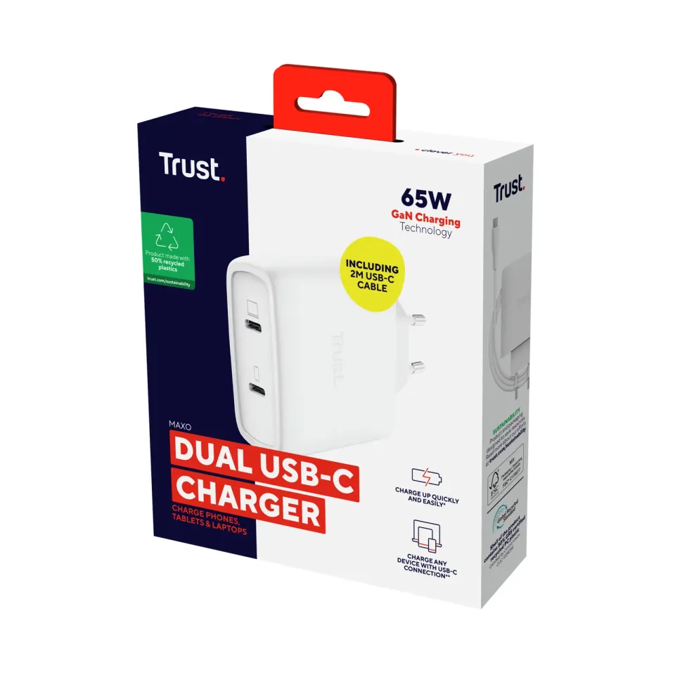TRUST GaN Nabíječka MAXO 65W 2-Port, USB-C, bílá