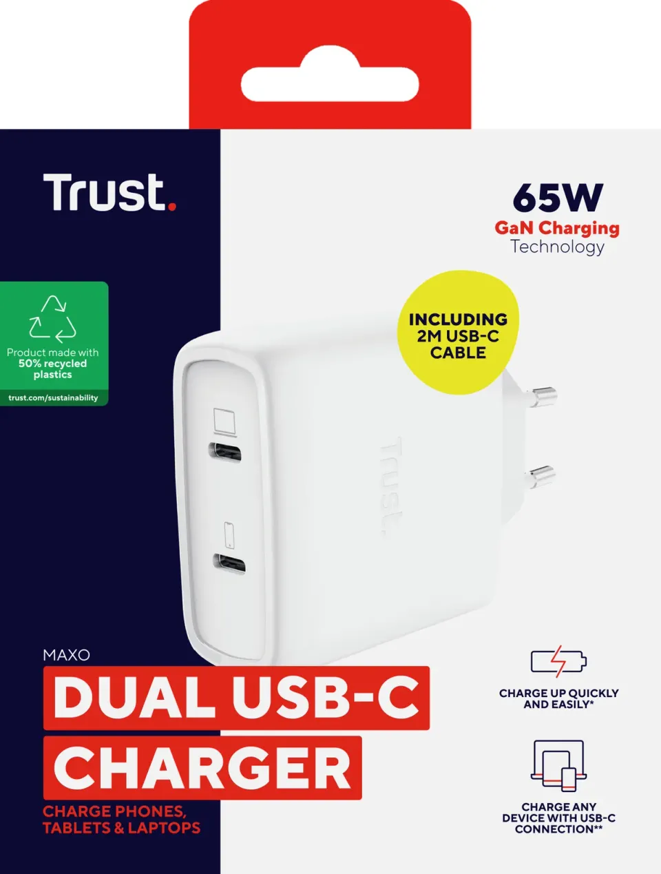 TRUST GaN Nabíječka MAXO 65W 2-Port, USB-C, bílá