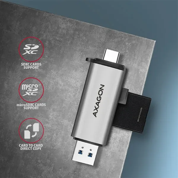 AXAGON CRE-SAC, USB3.2 Gen1 Type-C + Type-A externí čtečka karet SD/microSD, pod