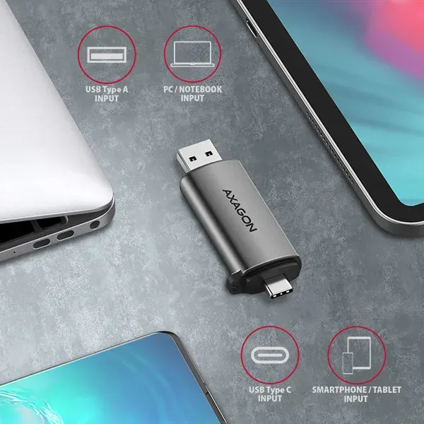 AXAGON CRE-SAC, USB3.2 Gen1 Type-C + Type-A externí čtečka karet SD/microSD, pod