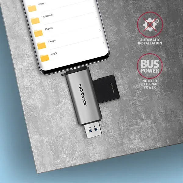 AXAGON CRE-SAC, USB3.2 Gen1 Type-C + Type-A externí čtečka karet SD/microSD, pod