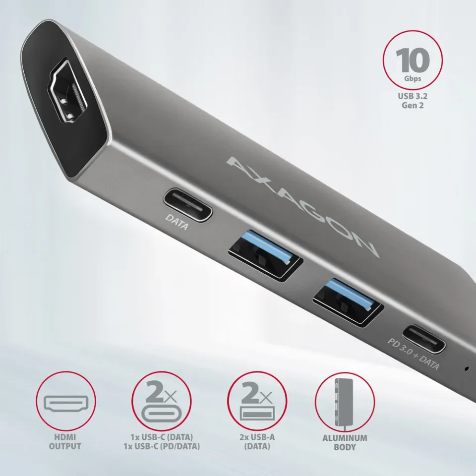 AXAGON HMC-5G21, USB 10Gb/s hub, porty 2x USB-A, 2x USB-C, HDMI 4k/30, PD 60W, k