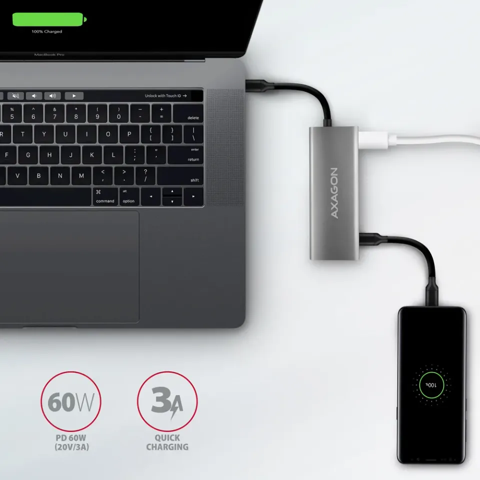 AXAGON HMC-5G21, USB 10Gb/s hub, porty 2x USB-A, 2x USB-C, HDMI 4k/30, PD 60W, k