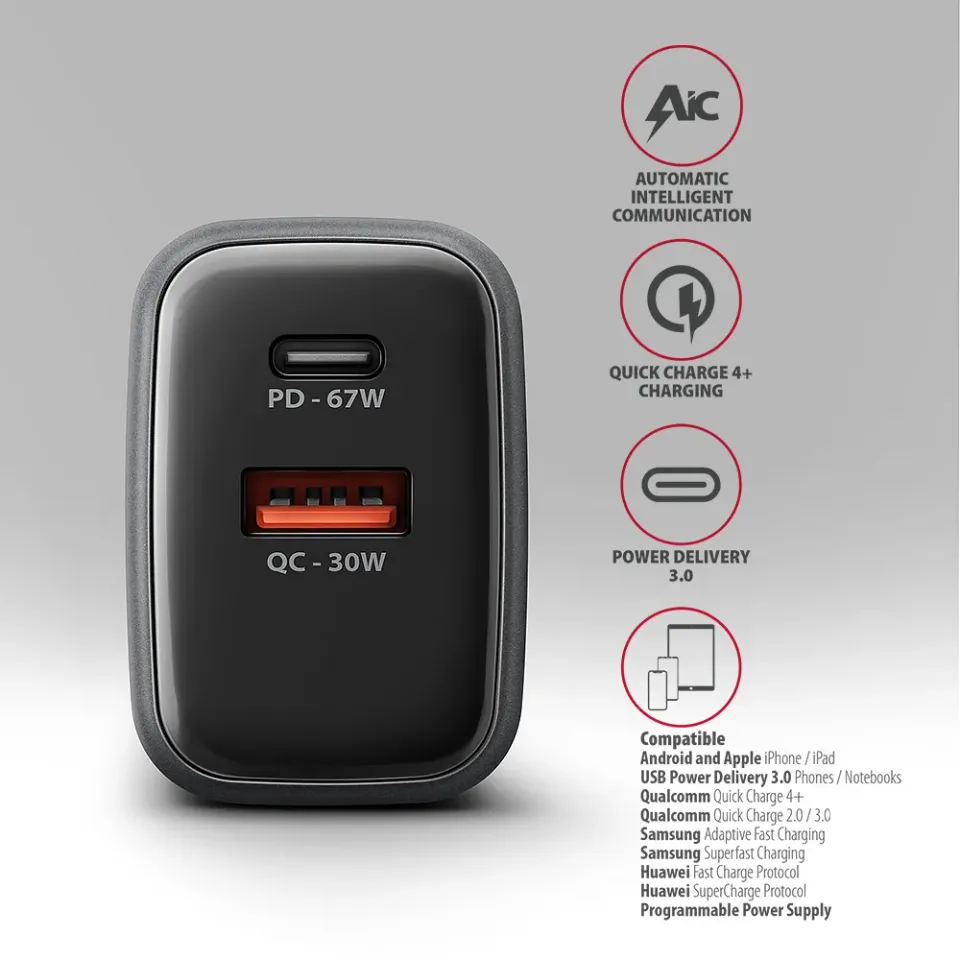 AXAGON ACU-PQ67 GaN nabíječka do sítě 67W, USB-A + USB-C, PD3.0/PPS/QC4+/SFC2.0/