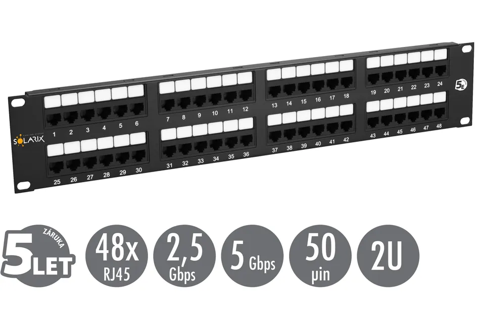 19" patch panel Solarix 48 x RJ45 CAT5E UTP 150 MHz černý 2U SX48-5E-UTP-BK