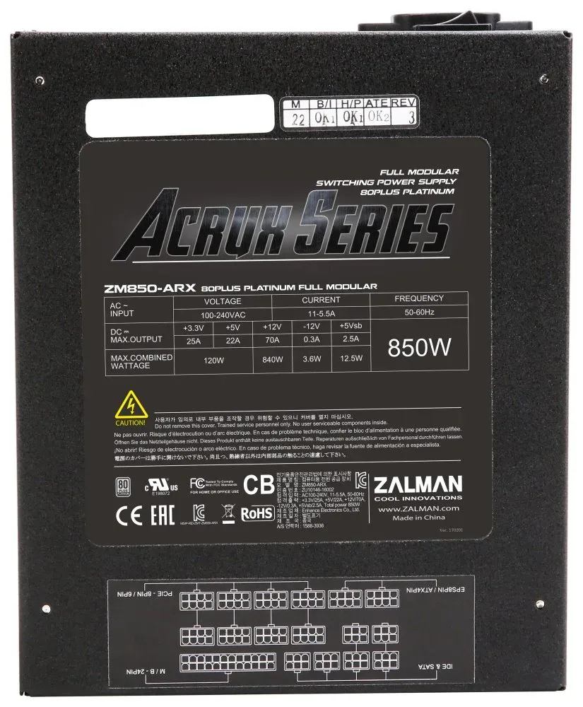 ZALMAN zdroj ZM850-ARX - 850W 80+ Platinum, aPFC, 13,5cm fan, modular