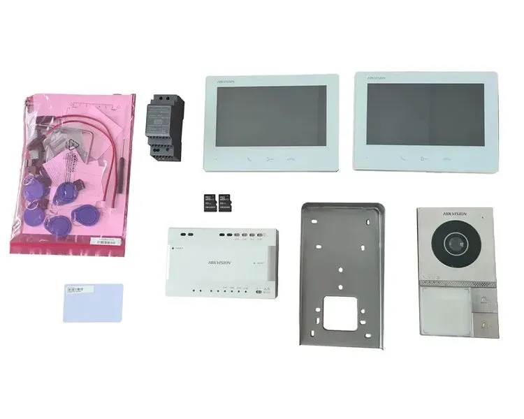 Hikvision DS-KIS705EY/2Monitors - Přednastavený kit videotelefonu, 2-drát HD, 2x bytový monitor+dveřní stanice+zdroj