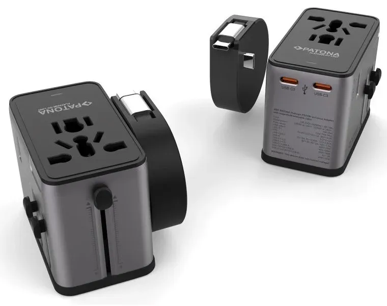 PATONA cestovní adaptér 3x USB-C, 1x USB, vyměnitelné zástrčky EU/UK/US: Typ C, G, A/B, Power delivery 70W