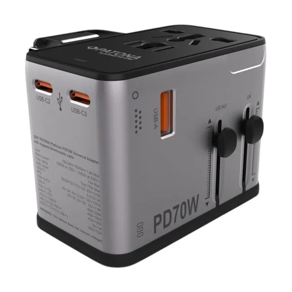 PATONA cestovní adaptér 3x USB-C, 1x USB, vyměnitelné zástrčky EU/UK/US: Typ C, G, A/B, Power delivery 70W