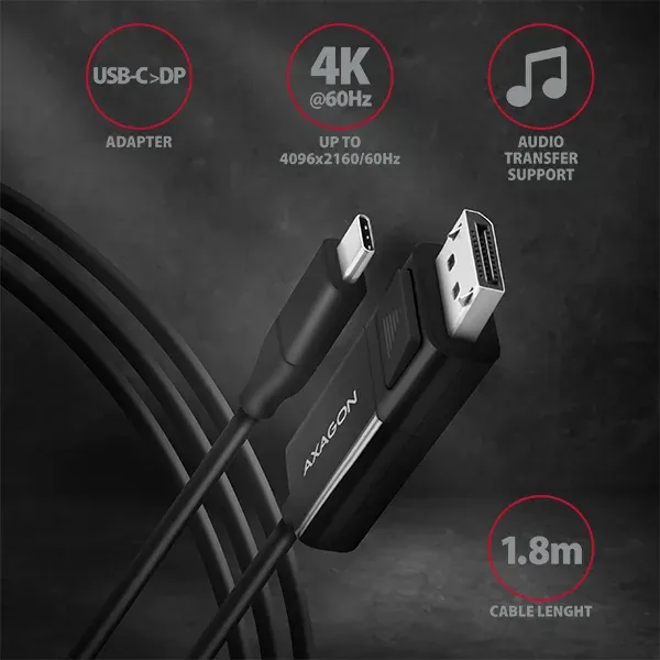 AXAGON RVC-DPC USB-C -> DisplayPort redukce / kabel 1.8m, 4K/60Hz
