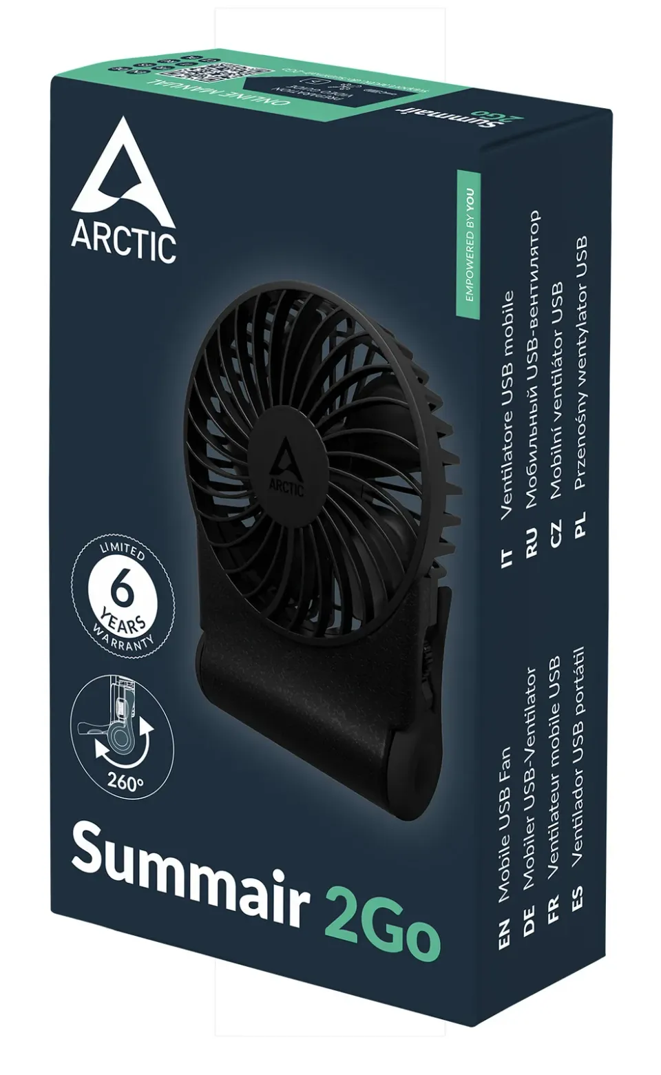ARCTIC Summair 2Go (Black) - Rechargeable Pocket Fan with Stand (74 hours of battery life and variab