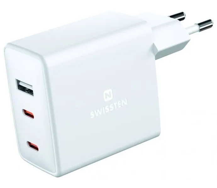 Swissten Síťový Adaptér GaN 2x USB-C + 1x USB 70W PD Bilý
