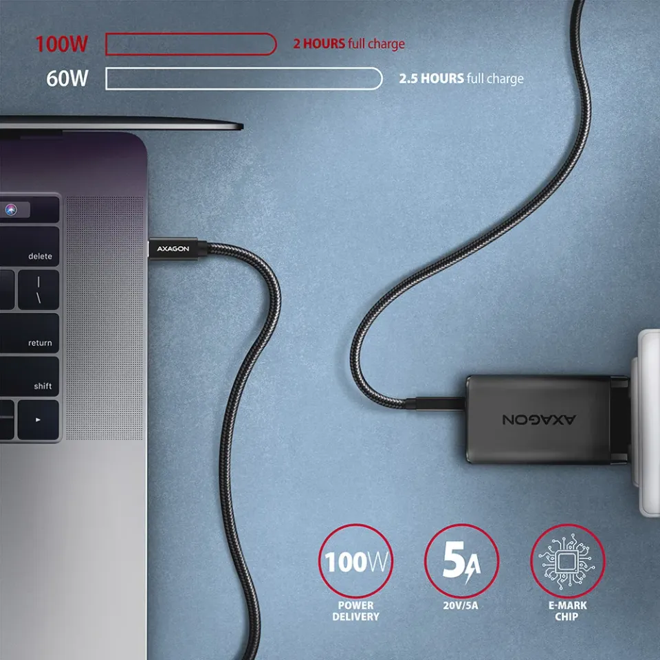 AXAGON BUCM32-CM20AB, SPEED+ kabel USB-C <-> USB-C, 2m, USB 20Gbps, PD 100W 5A,
