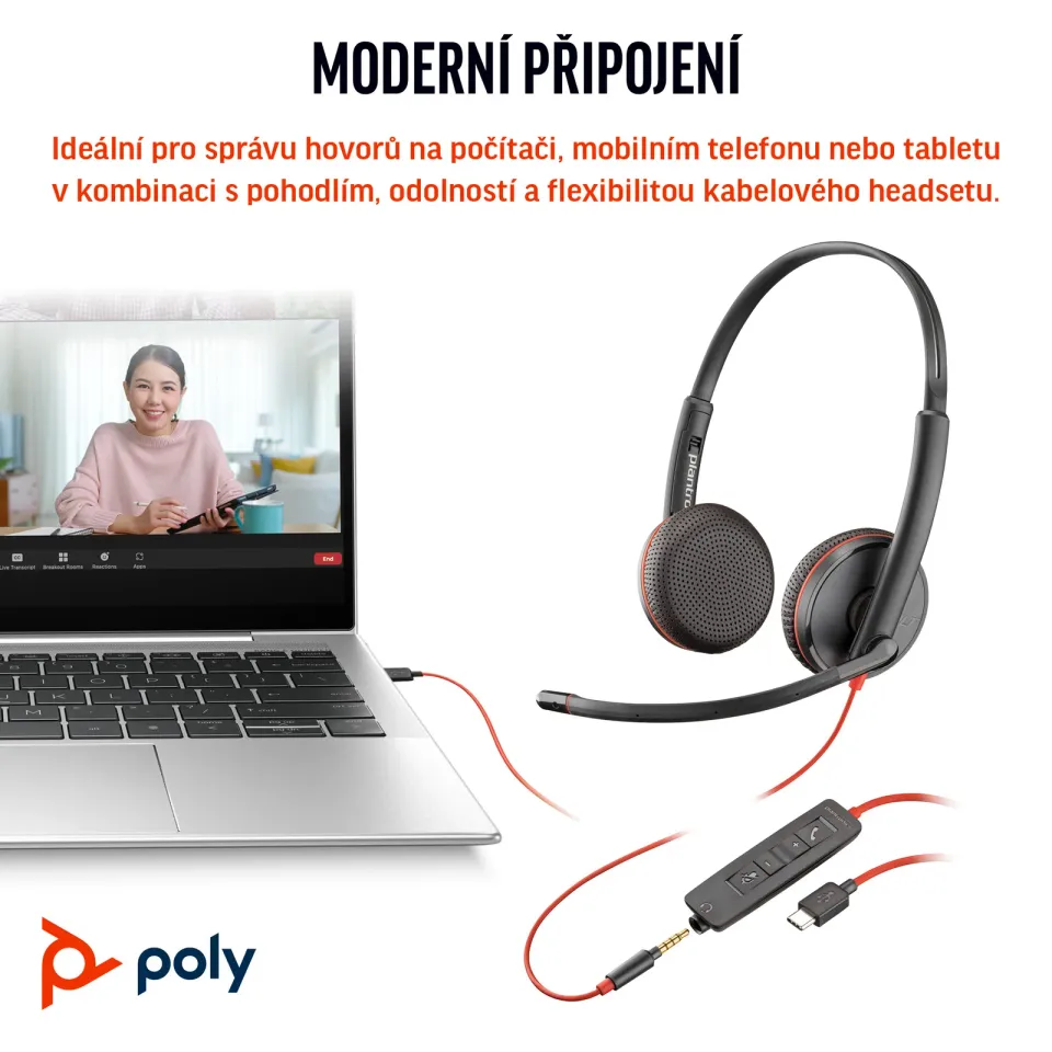 HP Poly Blackwire 3225 náhlavní souprava, 3.5 mm jack + USB-C / A adaptér, stereo (bulk)