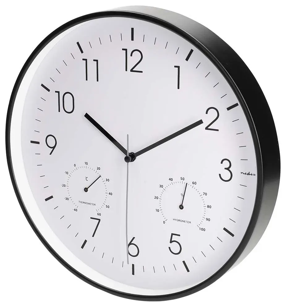 Nedis CLWA4226BK - Nástěnné hodiny | Průměr: 300 mm | Plast | Tichý pohyb | Tepl