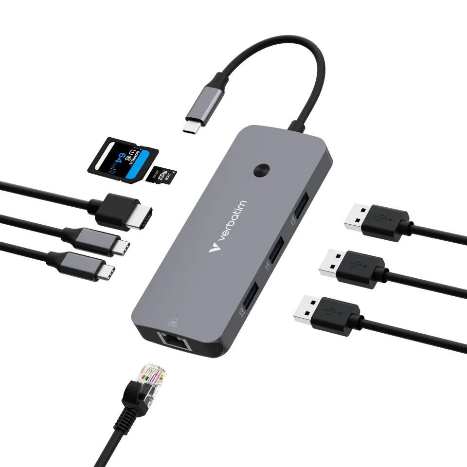 VERBATIM Hub USB-C Pro Multiport 9 Port, 3x USB 3.2, 2x USB-C, HDMI, RJ45, microSD/SD, šedá