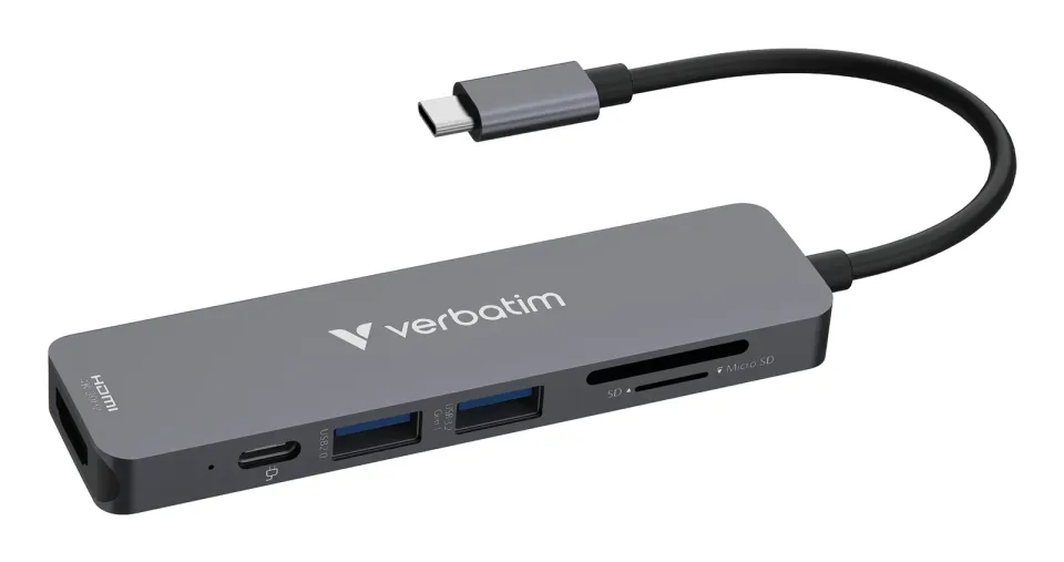 VERBATIM Dokovací stanice USB-C, 6v1, HDMI, USB-C PD, USB 3.0, USB 2.0, SD a microSD, šedá