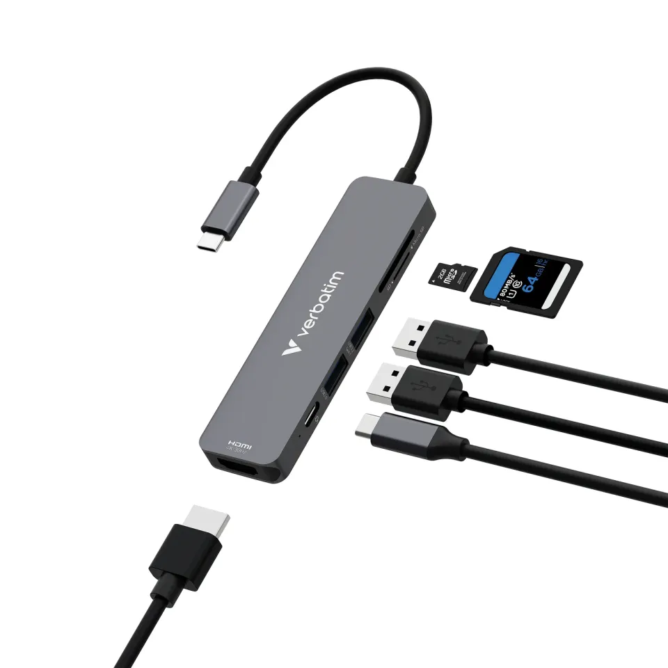 VERBATIM Dokovací stanice USB-C, 6v1, HDMI, USB-C PD, USB 3.0, USB 2.0, SD a microSD, šedá