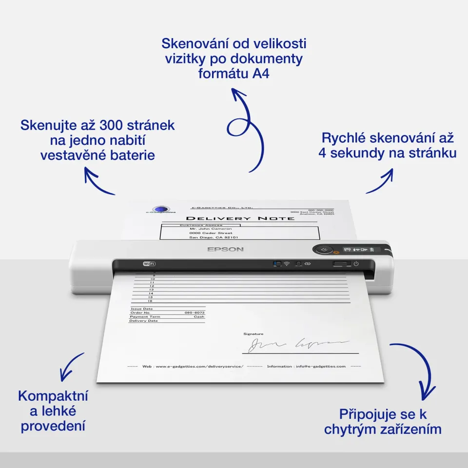 EPSON skener WorkForce DS-80W - A4/600x600dpi/USB/Wi-Fi/mobilní