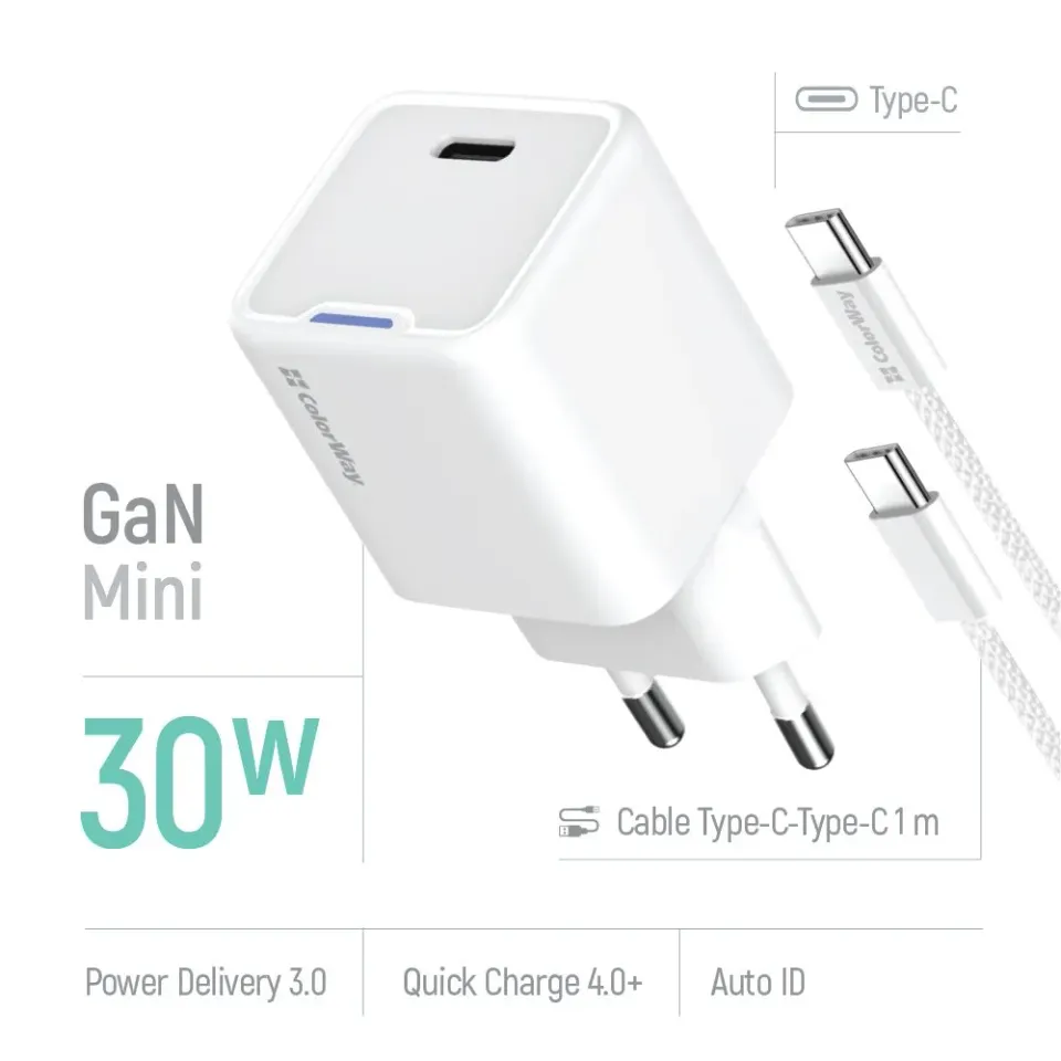 COLORWAY 1x USB-C/ síťová nabíječka/ GaN/ PD/ PPS/ 30W/ Včetně 100cm kabelu/ Bílá