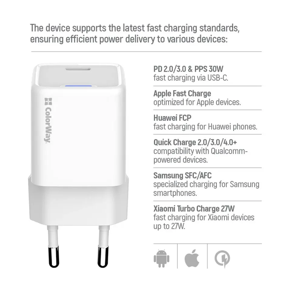 COLORWAY 1x USB-C/ síťová nabíječka/ GaN/ PD/ PPS/ 30W/ Včetně 100cm kabelu/ Bílá