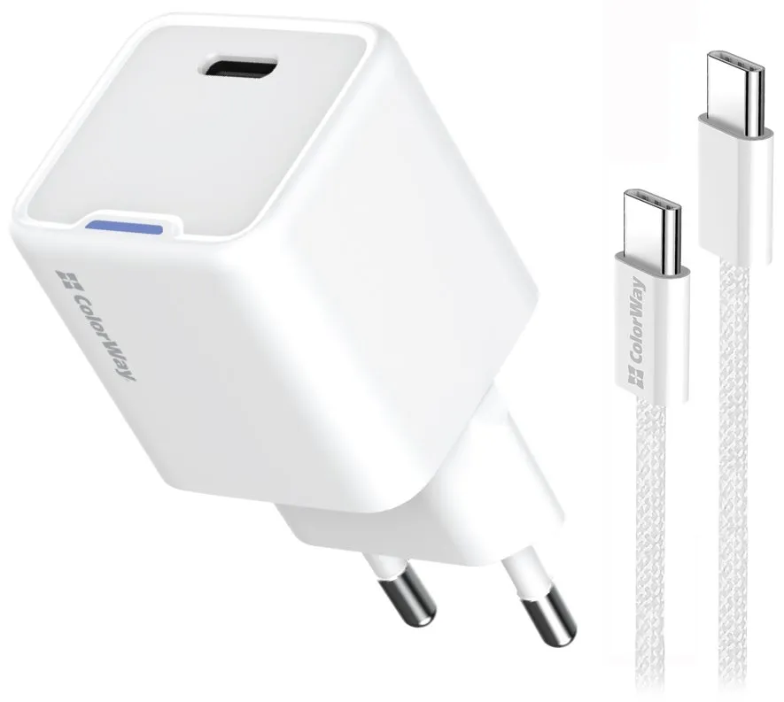COLORWAY 1x USB-C/ síťová nabíječka/ GaN/ PD/ PPS/ 30W/ Včetně 100cm kabelu/ Bílá
