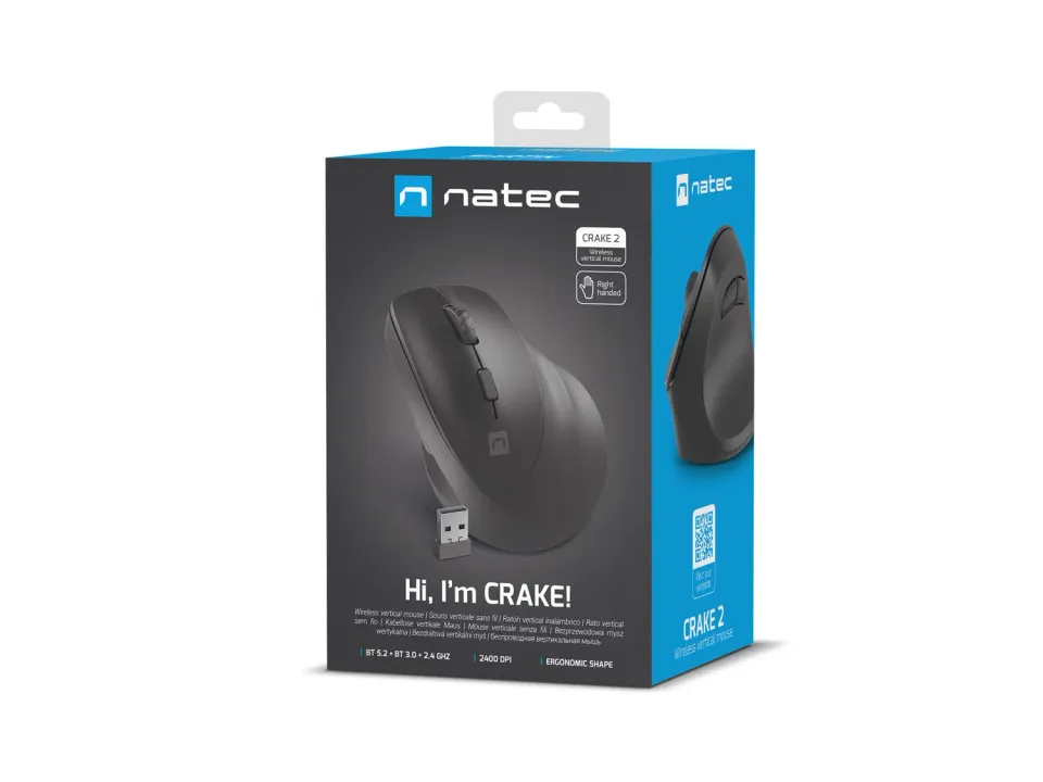 Natec CRAKE 2/Kancelářská/Optická/Pro praváky/2 400 DPI/USB+BT/Černá