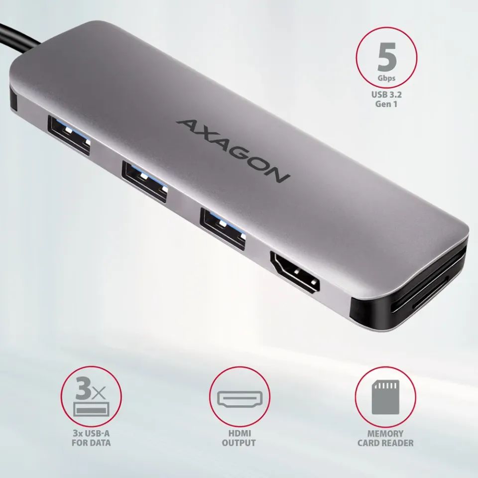 AXAGON HMC-HCR3A, USB 3.2 Gen 1 hub, porty 3x USB-A, HDMI 4k/30Hz, SD/microSD, k