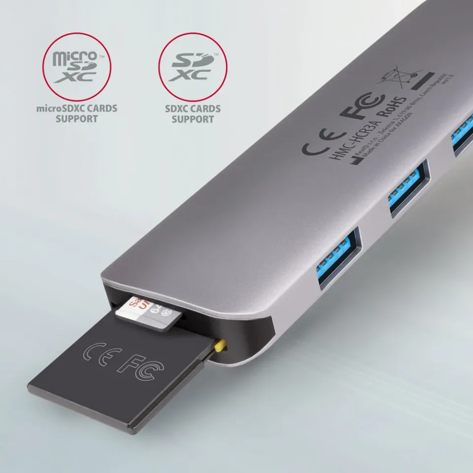 AXAGON HMC-HCR3A, USB 3.2 Gen 1 hub, porty 3x USB-A, HDMI 4k/30Hz, SD/microSD, k