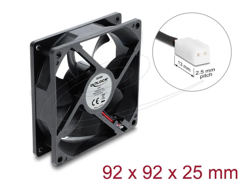 Delock Axiální ventilátor 48 V DC, 92 x 92 x 25 mm s 2-pinovým zásuvkovým konekt