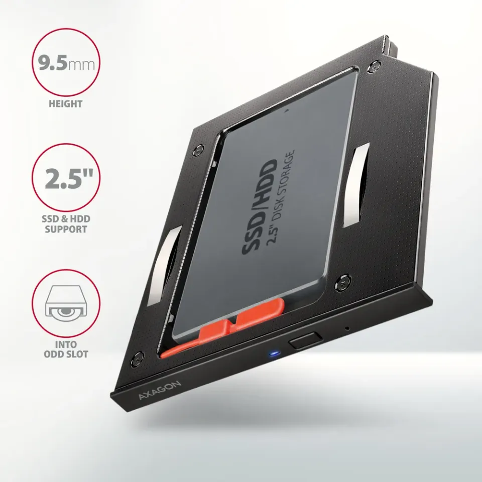 AXAGON RSS-CD09 ODD, Rámeček do slotu optické mechaniky pro 2.5“ SSD/HDD, LED, 9